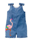 Mini Boden Girls Tie Shoulder Frill Playsuit Chambray Flamingo Jumper Overall