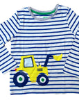 Baby Boden Boys Blue Striped Construction Digger Appliqué Lift-the-Flap Shirt – Blue, Yellow, & Ivory