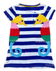 Mini Boden Short Sleeve Appliqué Tunic Blue Wave/Ivory Seahorse Dress
