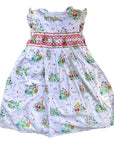 NWOT Mini Boden Smock Dress - White Pink Smocked Bunny Floral Mushroom Print