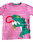 Mini Boden Girls Pink Chameleon Shirt Eating Ice Cream Cone Appliqué Tee