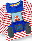 Mini Boden Baby Boy Fox Riding Tractor Vehicle Appliqué Long Sleeve T-Shirt - Red & White Stripes