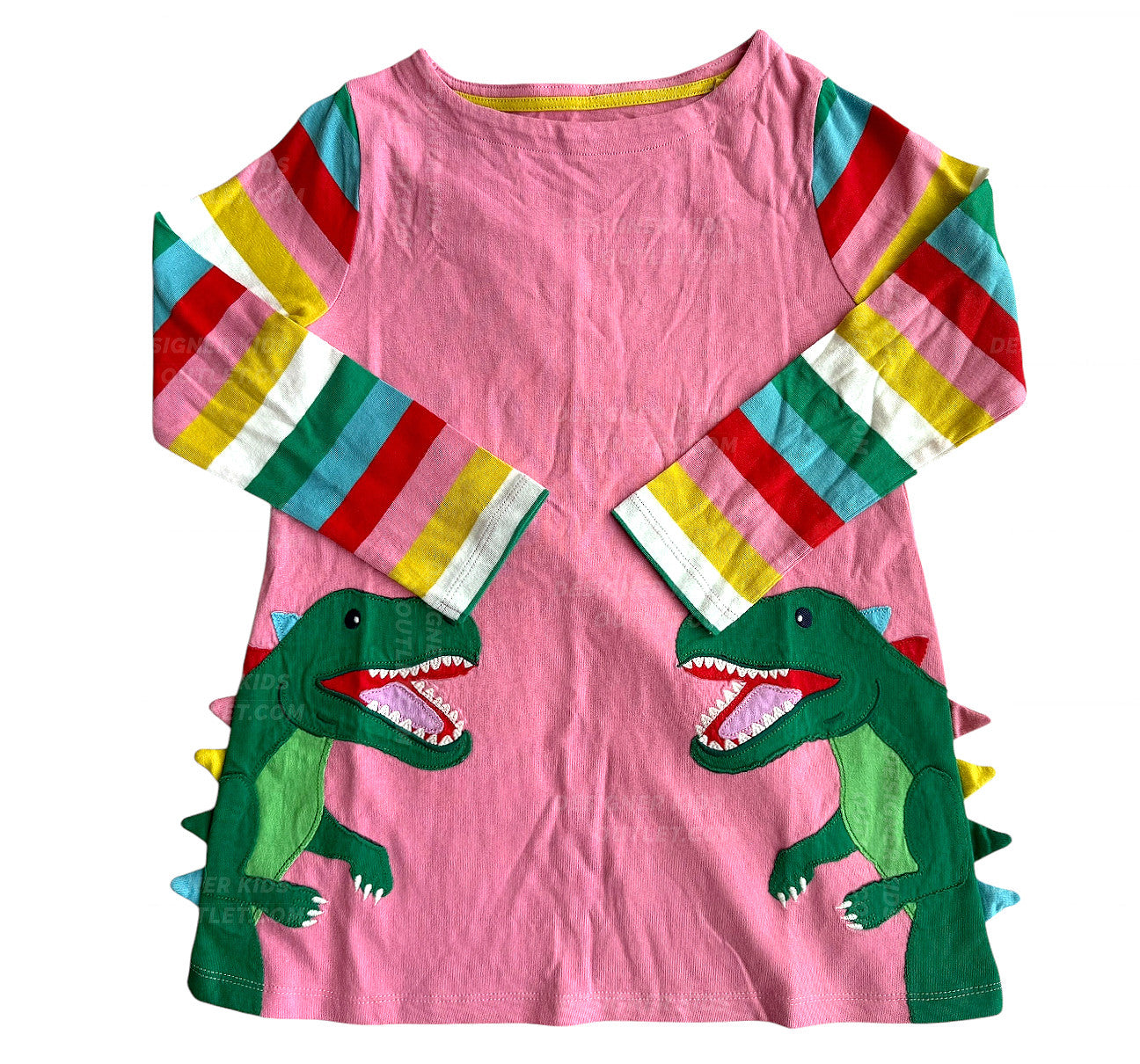 Girls Dinosaur Dress Dino Tunic | Striped Sleeve Blush Dress