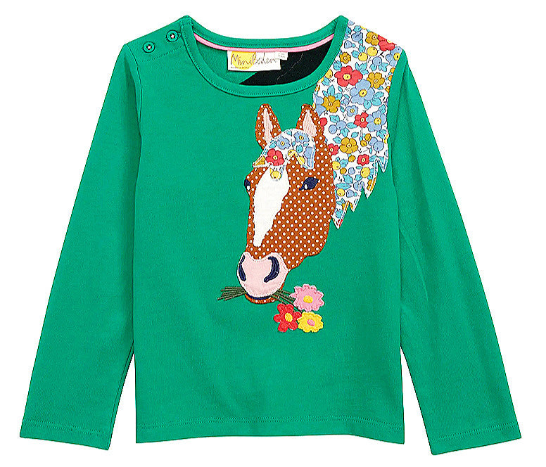 mini boden horse dress Girls Horse Tee Floral Appliqué | Green Long Sleeve Shirt