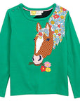 Mini Boden Girls Appliqué Front & Back T-shirt Green Pepper Floral Horse