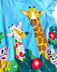 Mini Boden Girls Safari Appliqué T-Shirt in Aqua Blue Giraffe