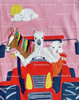 Mini Boden Girls Appliqué Dress Bright Petal Pink Farm Animals On Tractor
