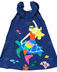 Mini Boden Girls Appliqué Mermaid Tank Dress With Ruffles & Navy Sea Turtles