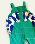Pre-Loved Mini Boden Fun Green Cow Cord Dungaree Overall Set - Cow Appliqué