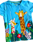 Mini Boden Girls Safari Appliqué T-Shirt in Aqua Blue Giraffe