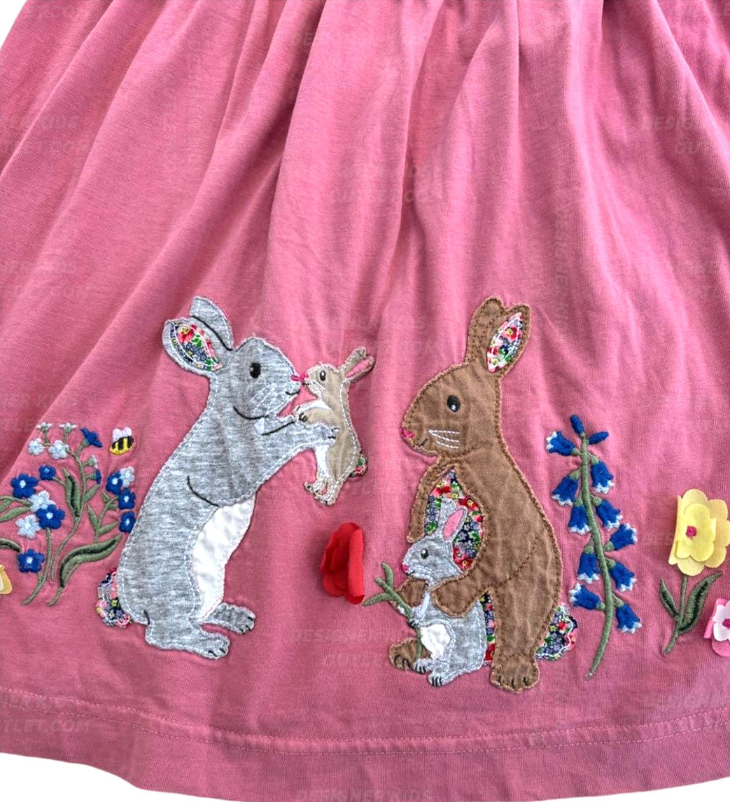 NWOT Mini Boden Bunny Family Floral Garden Pink Dress with Fluffy Sleeves
