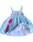 Pre-Loved Mini Boden Fun Appliqué Sun Dress Aqua Blue Ticking Parrot