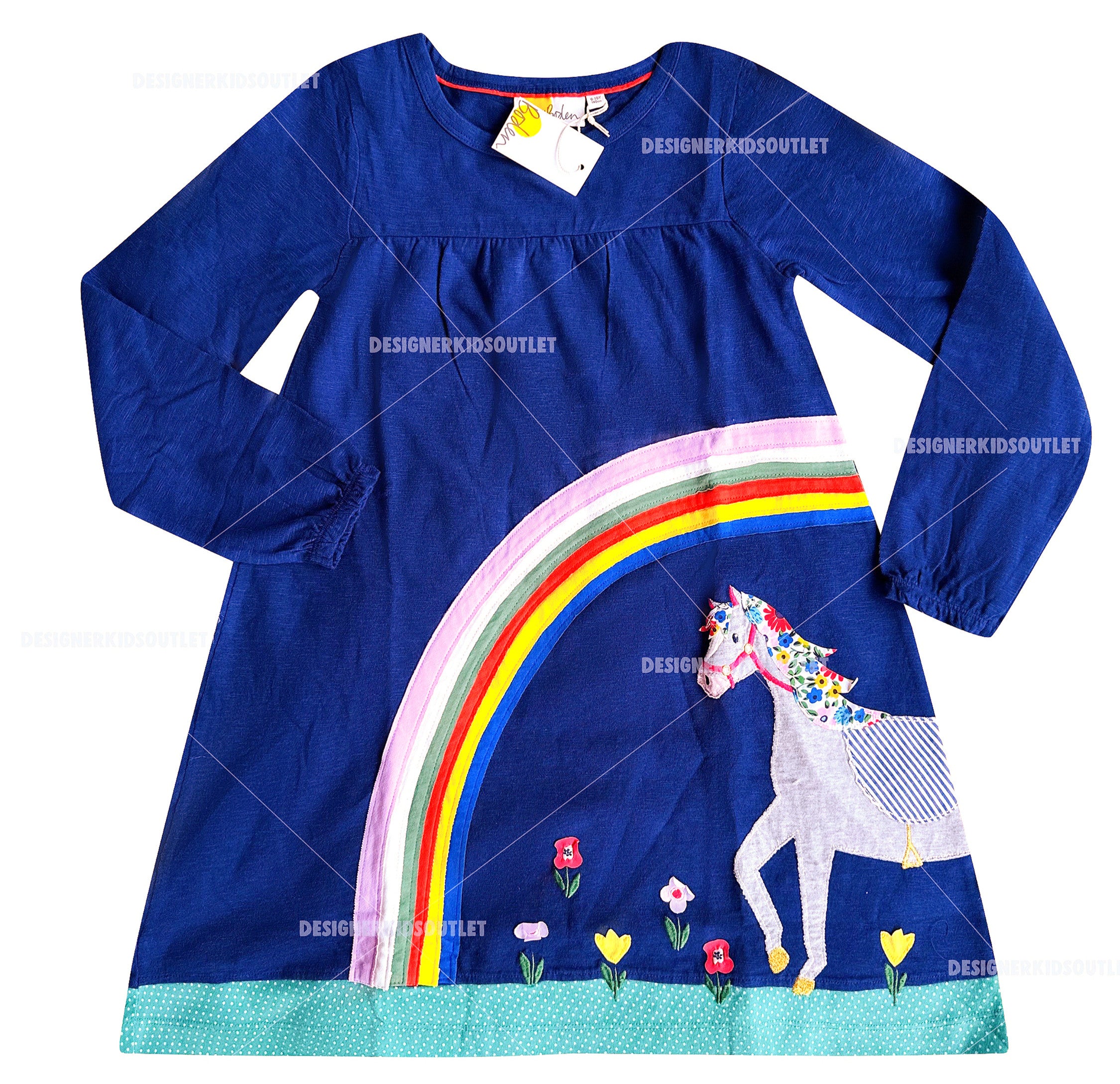 Mini Boden Girls Navy Floral Horse And Rainbow & Flowers Appliqu Dres   Designer Kids Outlet