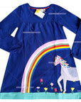 Mini Boden Girls Navy Floral Horse And Rainbow & Flowers Appliqué Dress Tunic