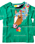 Mini Boden Girls Appliqué Front & Back T-shirt Green Pepper Floral Horse
