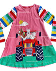 Mini Boden Girls Appliqué Dress Bright Petal Pink Farm Animals On Tractor