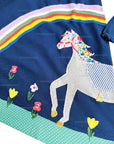 Mini Boden Girls Navy Floral Horse And Rainbow & Flowers Appliqué Dress Tunic