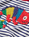 Mini Boden Boys Striped T-Shirt with Colorful Crochet Chameleon Iguana Appliqué