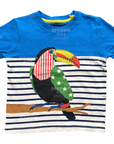 Mini Boden Tropical Toucan Striped Appliqué T-Shirt – Blue & White
