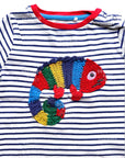 Mini Boden Boys Striped T-Shirt with Colorful Crochet Chameleon Iguana Appliqué