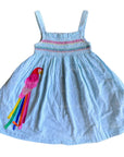 Pre-Loved Mini Boden Fun Appliqué Sun Dress Aqua Blue Ticking Parrot