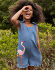 Mini Boden Girls Tie Shoulder Frill Playsuit Chambray Flamingo Jumper Overall