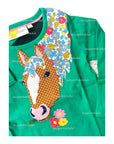 Mini Boden Girls Appliqué Front & Back T-shirt Green Pepper Floral Horse