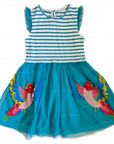 Mini Boden Girls Striped Tropical Parrot Appliqué Cotton Dress