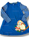 Mini Boden Girls Owl Appliqué Dress with Striped Long Sleeves – Denim Blue & Cream