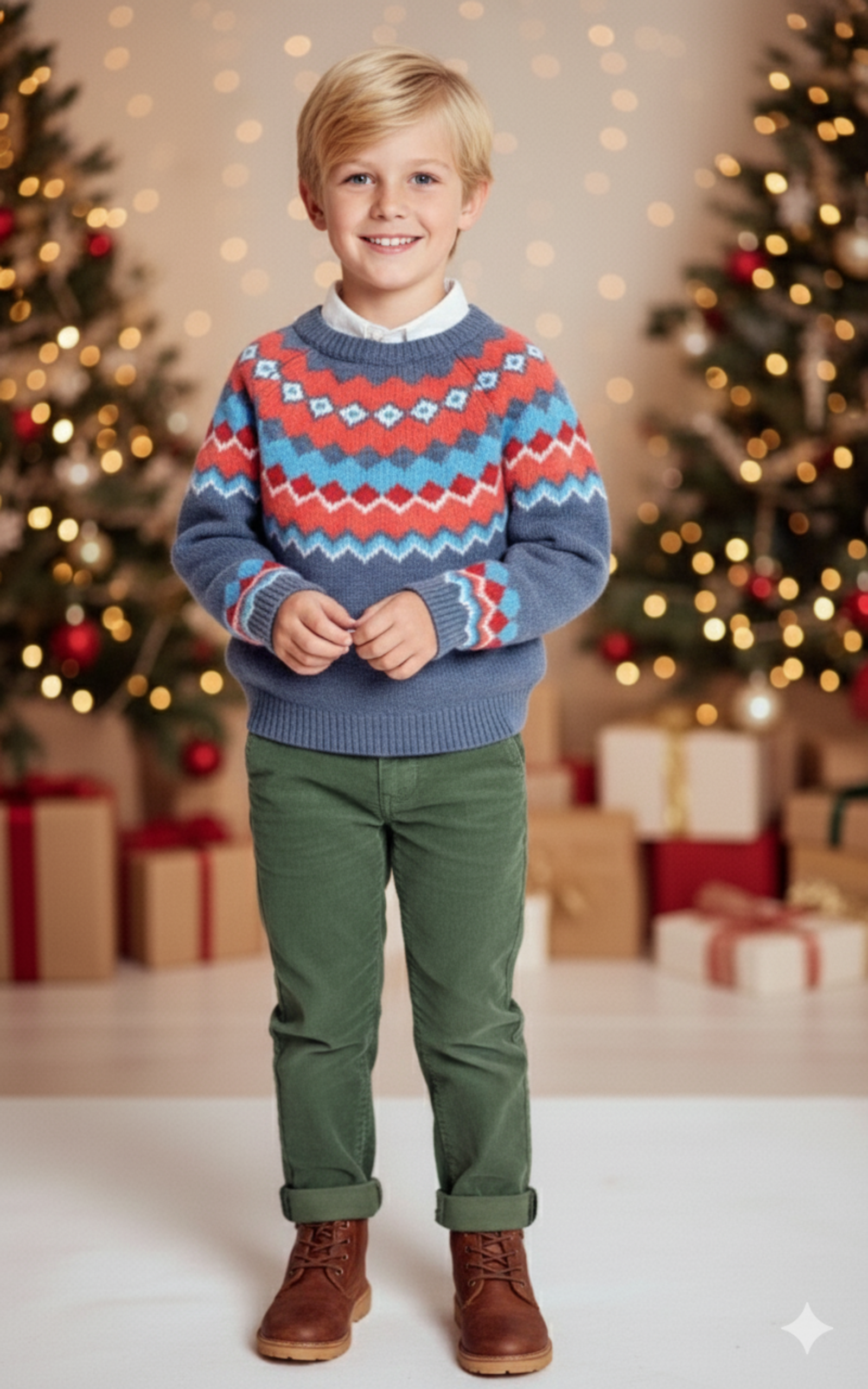 Child wearing a festive sweater with Christmas trees and presents in the background