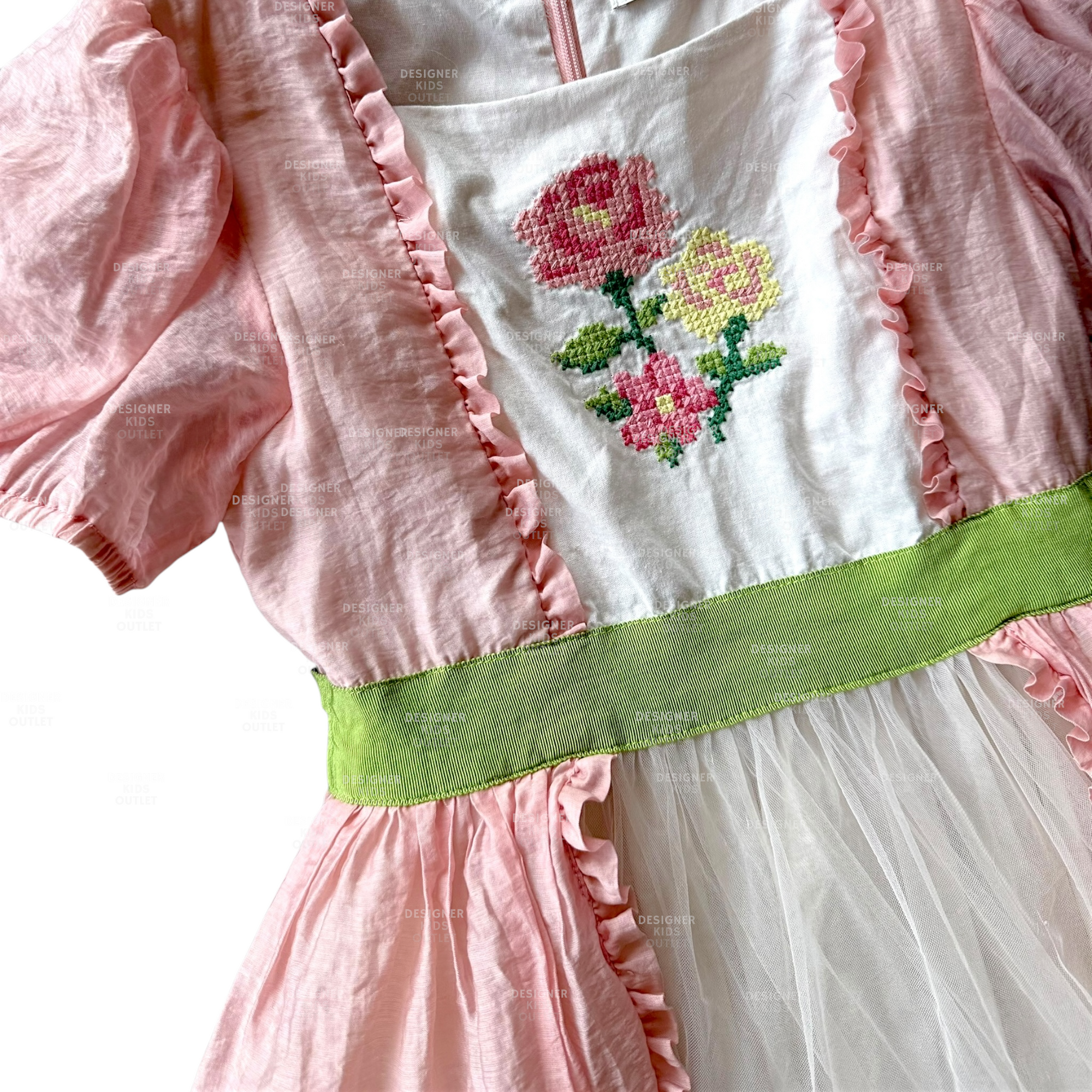 Mini Boden Girls Embroidered Rose Puff Sleeve Tulle Dress