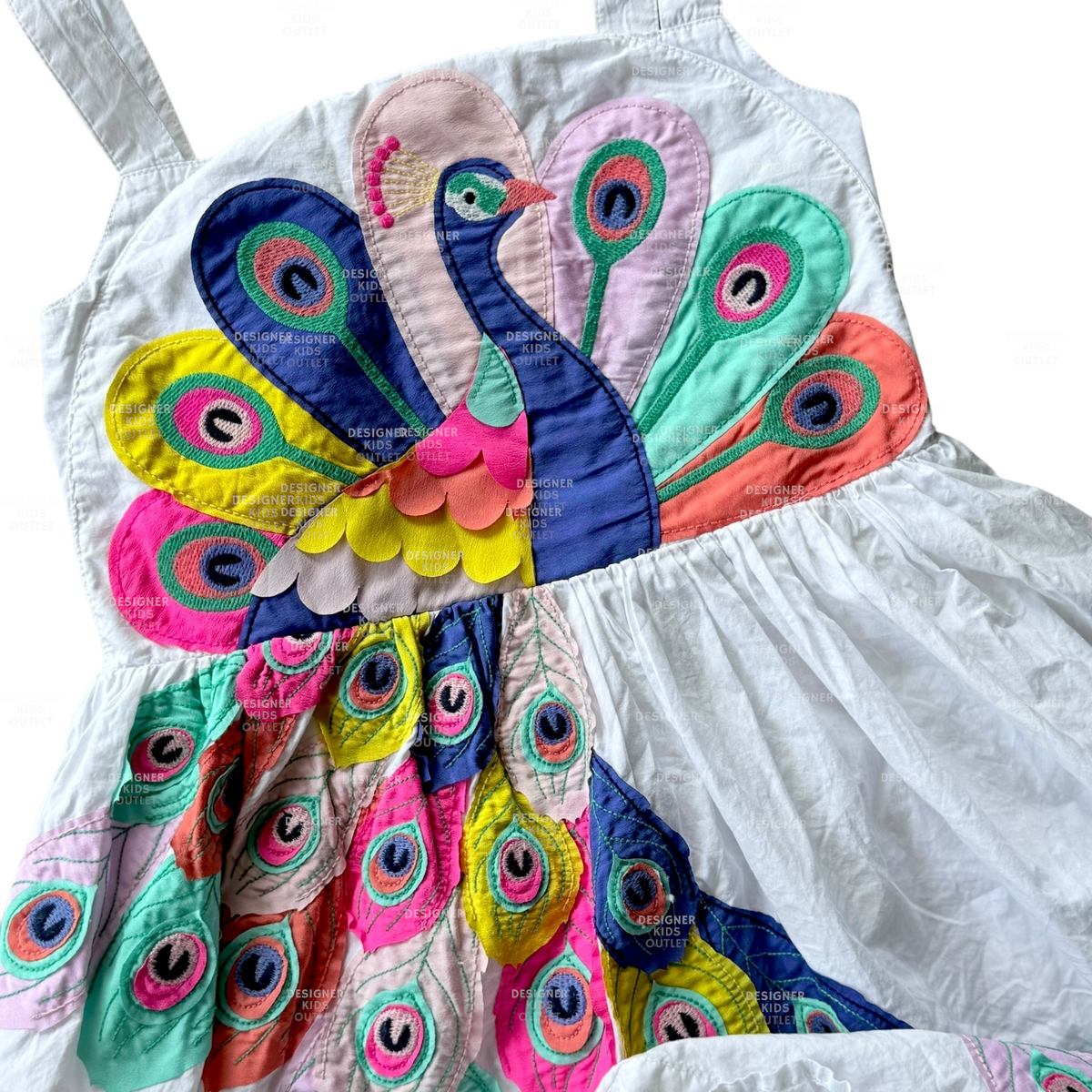 Mini Boden Girls Peacock Appliqué Party Dress