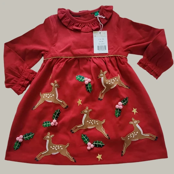 Mini Boden Baby Girls Red Reindeer Appliqué Dress