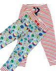 Children's leggings with space-themed design and red and white striped pattern on a white background