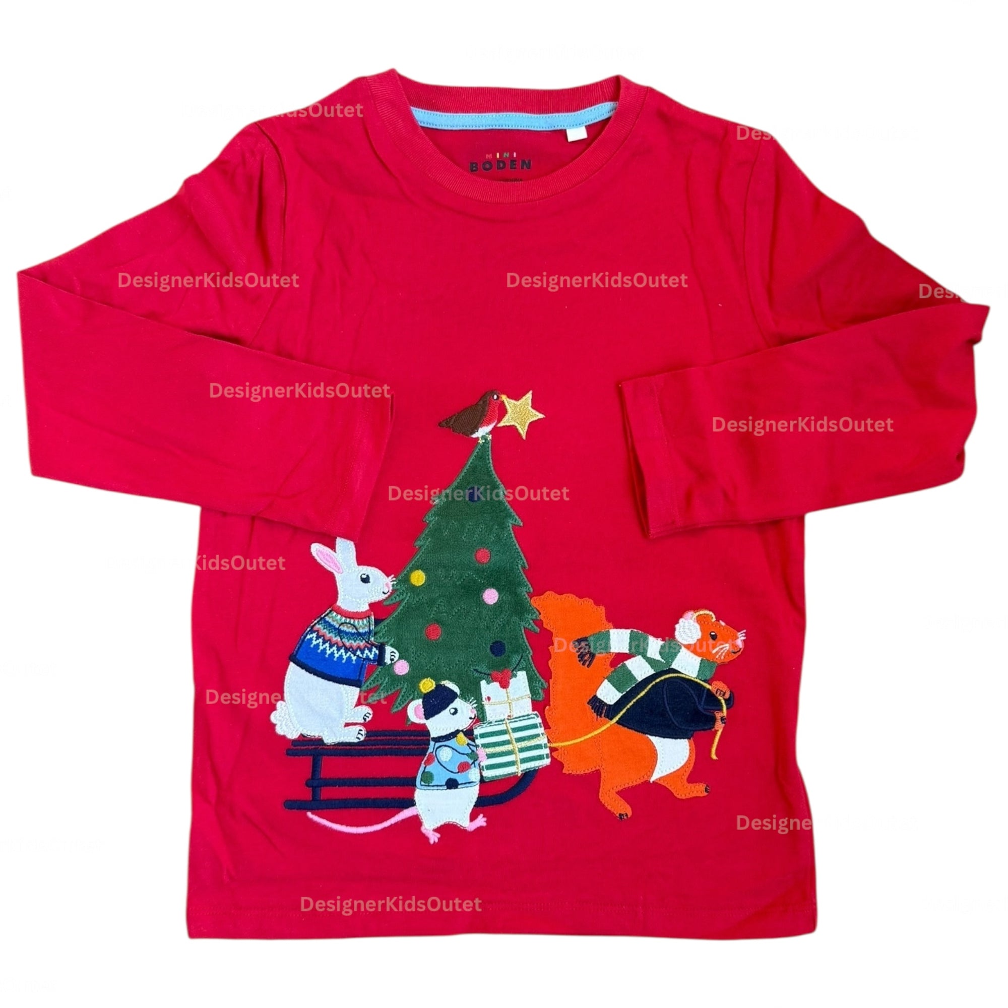 Mini Boden Girls Holiday Appliqué Long Sleeve Shirt - Christmas Red