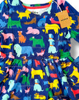 Mini Boden Girls Long Sleeve Dog Print Jersey Dress – Navy & Rainbow