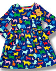 Mini Boden Girls Long Sleeve Dog Print Jersey Dress – Navy & Rainbow