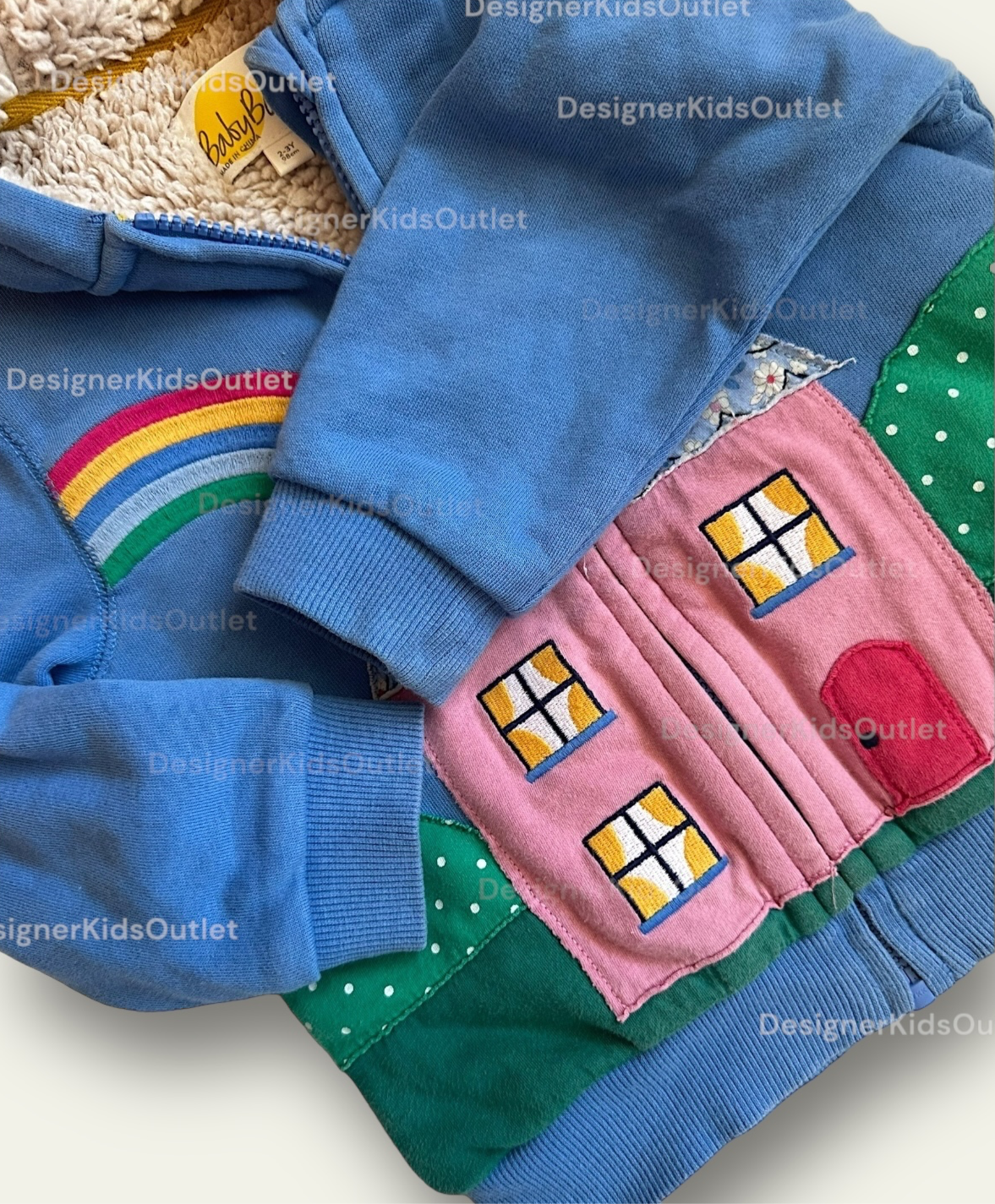 Pre-Loved Mini Boden Baby House Applique Shaggy Lined Hoodie, Elizabethan Blue