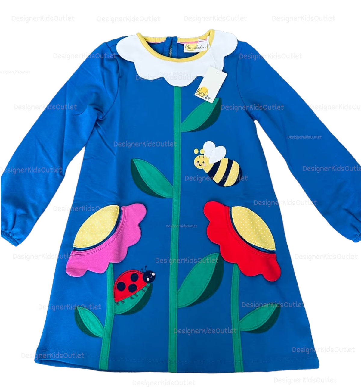 mini boden airplane dress Girls Blue Daisy Flower Dress with Pockets | Bee Appliqué Summer Dress