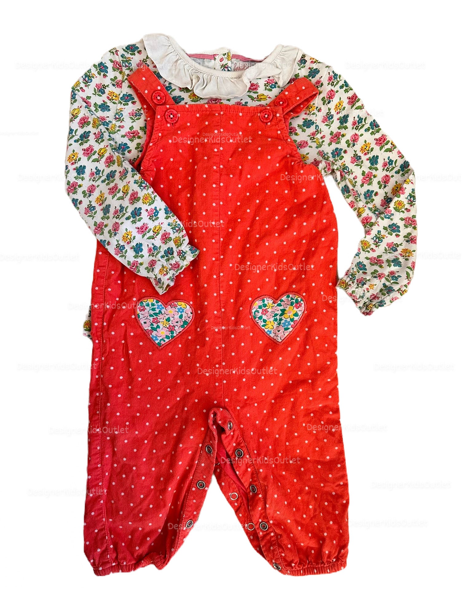 Pre-Loved Mini Boden Cord Dungaree Set - Strawberry Tart Pin Spot Heart