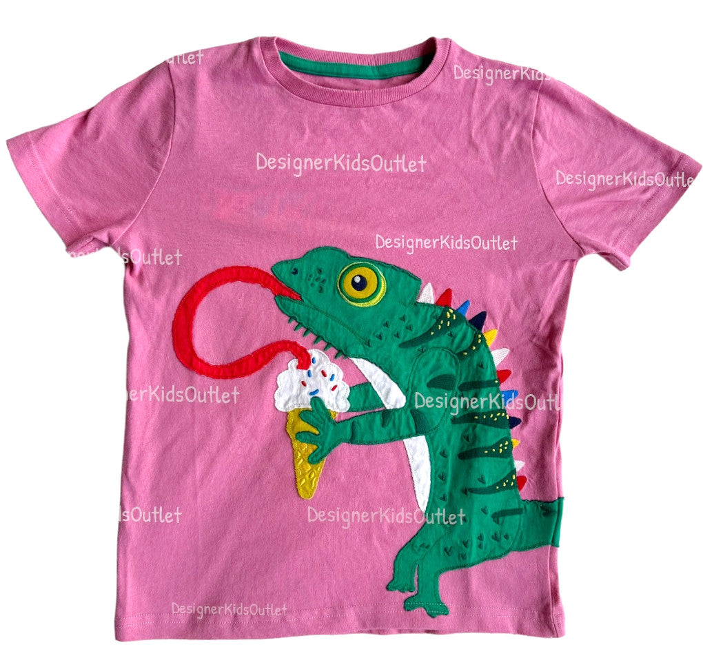 Mini Boden Girls Pink Chameleon Shirt Eating Ice Cream Cone Appliqué Tee