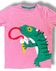 Mini Boden Girls Pink Chameleon Shirt Eating Ice Cream Cone Appliqué Tee