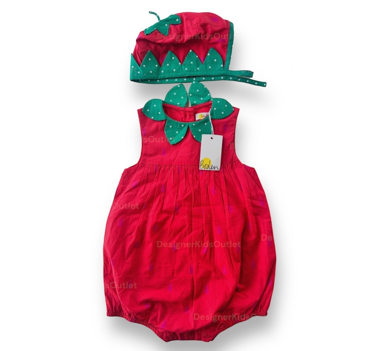 NWT Mini Baby Boden Strawberry Romper &amp; Hat Set, Red