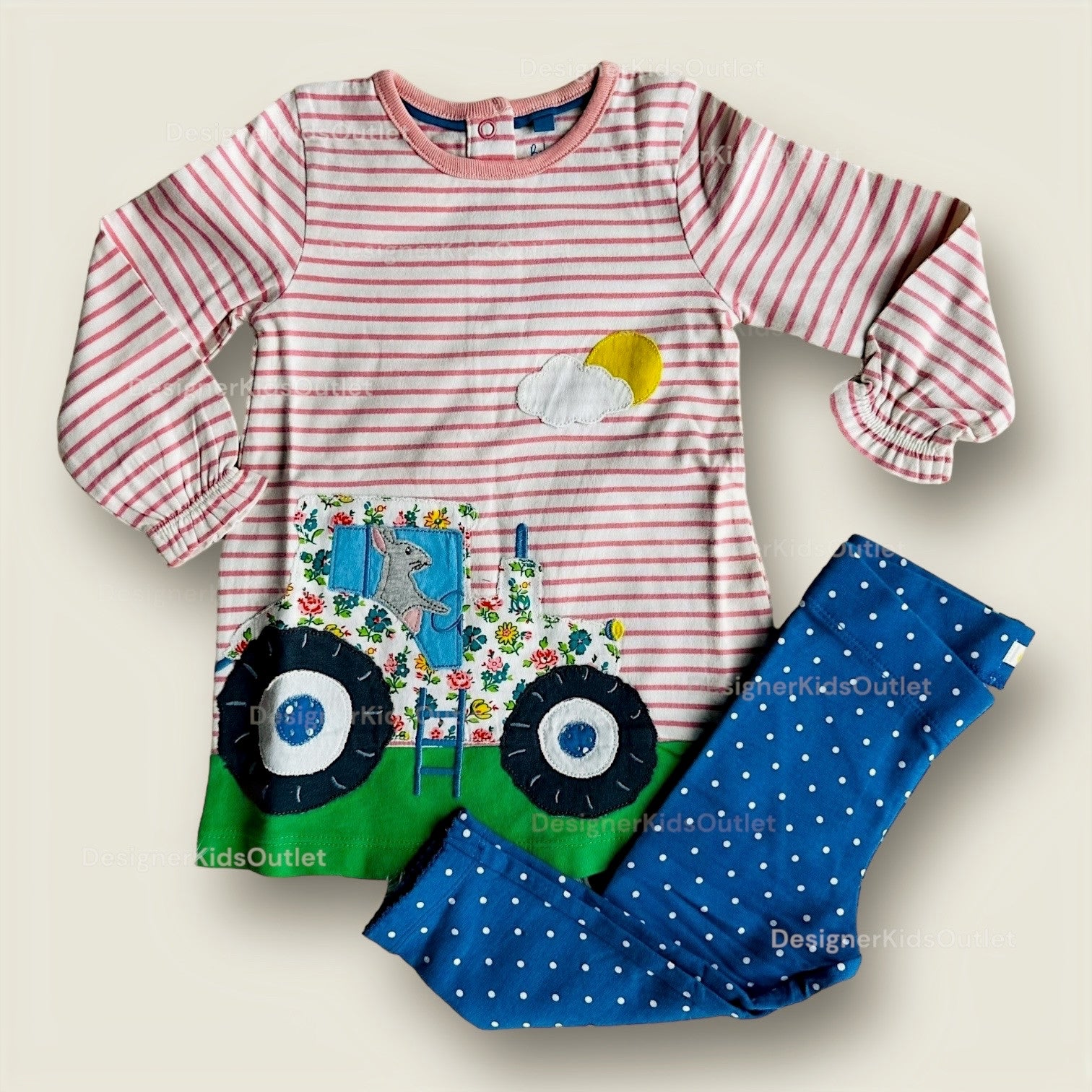Mini Boden Girls Appliqué Tractor Bunny Farm Dress Set Elizabethan