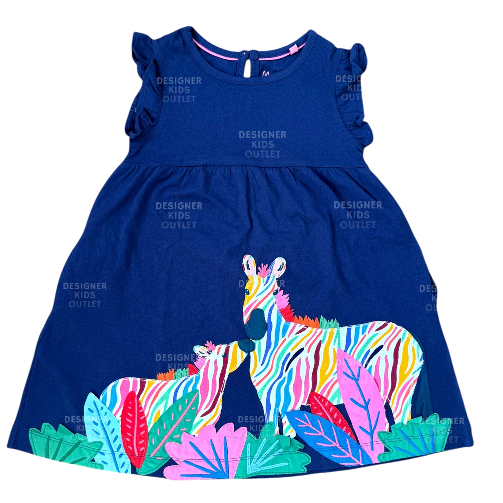 Mini Boden Girls Starboard Blue Multi Color Zebra Appliqué Frill Sleeve Dress