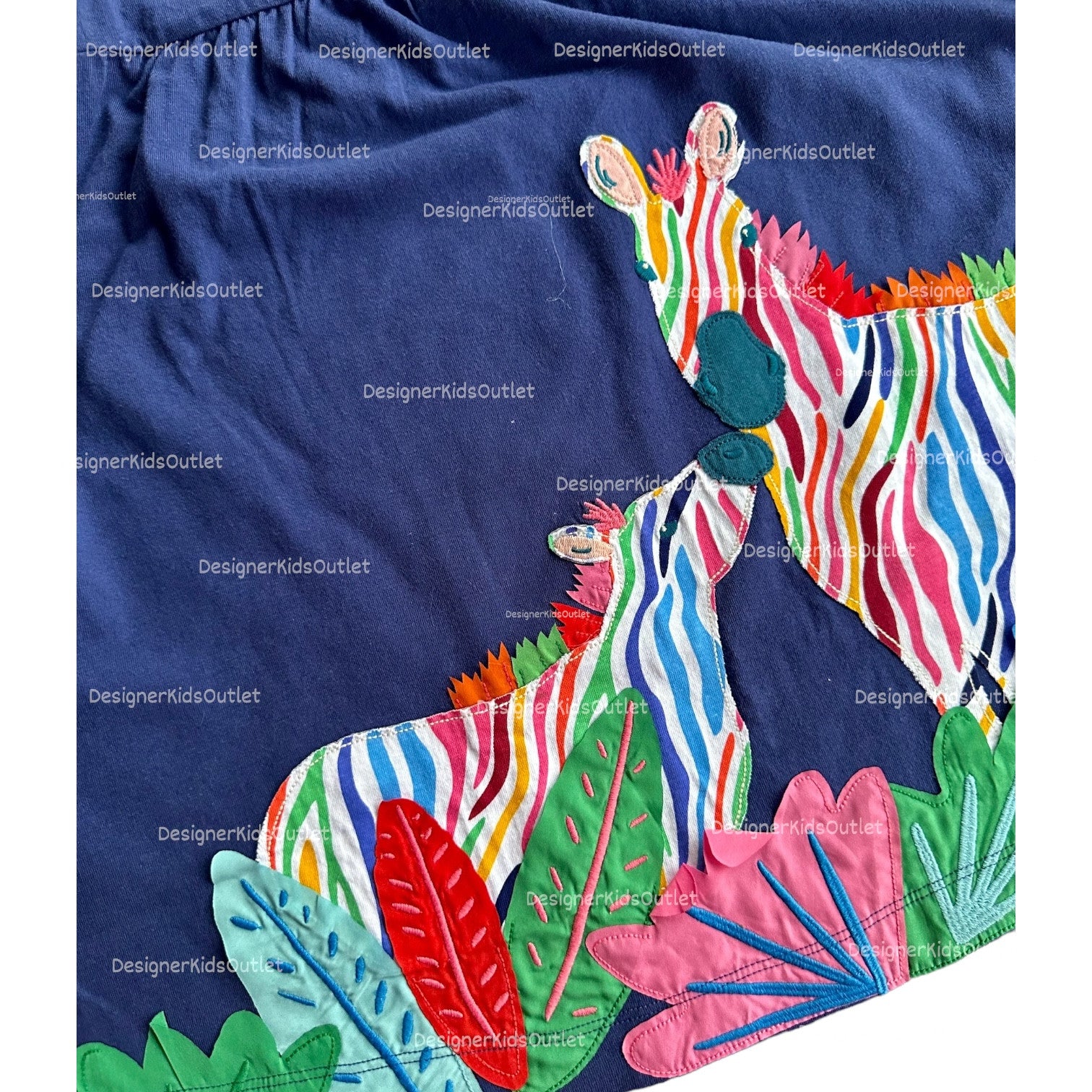Mini Boden Girls Starboard Blue Multi Color Zebra Appliqué Frill Sleeve Dress