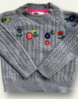 NWOT Mini Boden Embroidered Cable Jumper Gray Embroidered Flowers