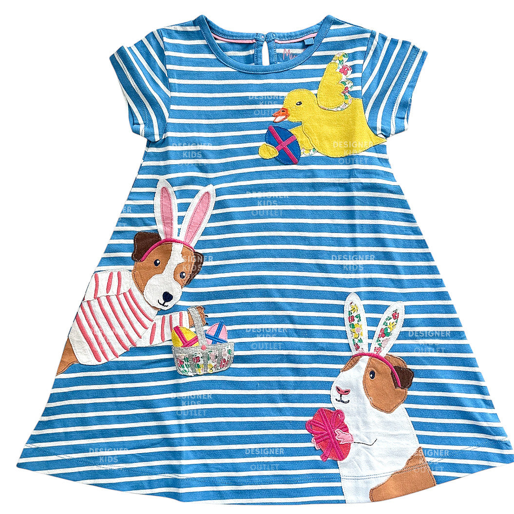 Mini Boden Girls Fun Big Appliqué Dress – Bluebell/Ivory Guinea Pigs