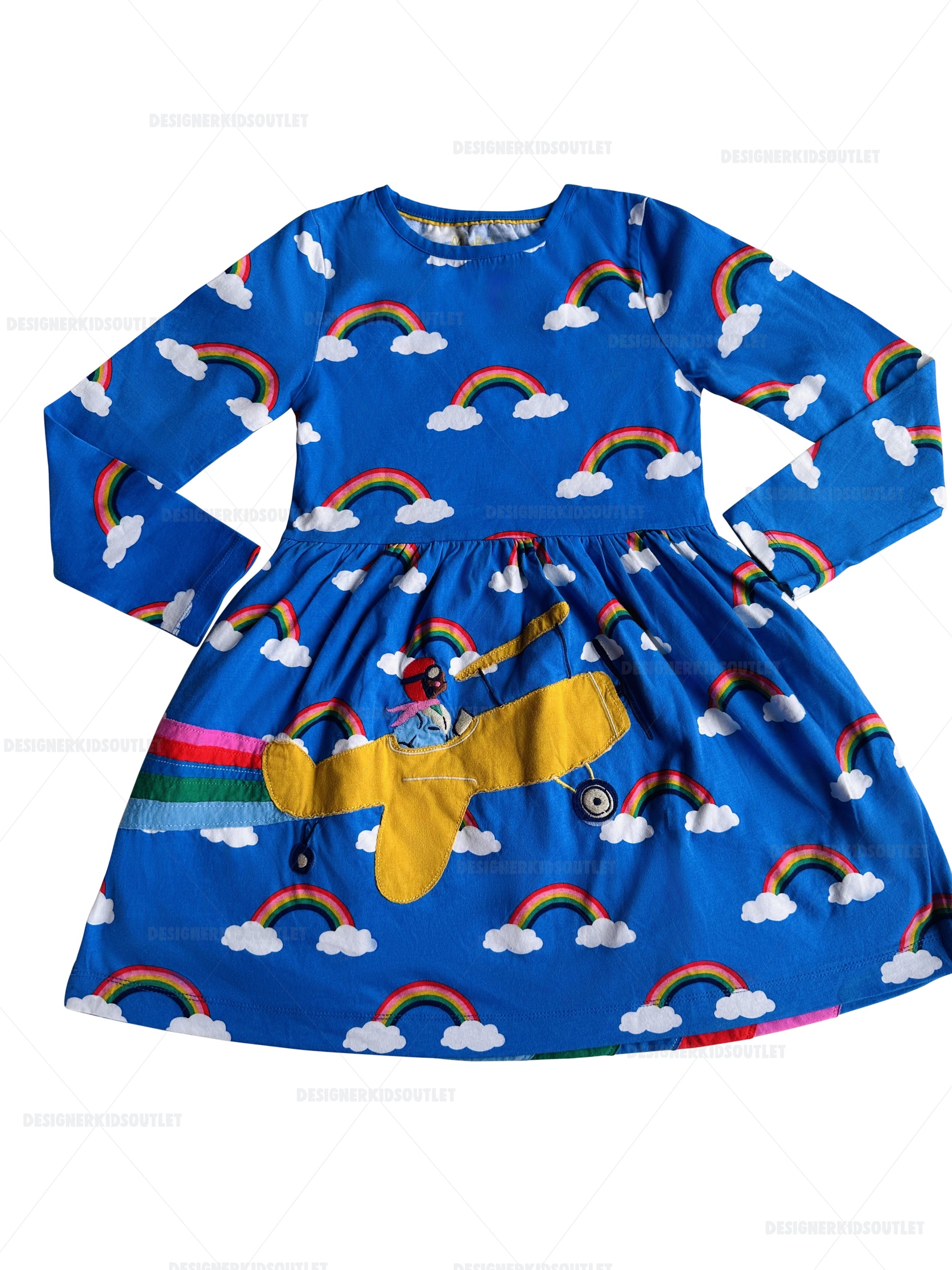 Girls Airplane Dress Rainbow | Blue Long Sleeve Dress | Mini Boden Designer Kids Outlet Girls Airplane Dress Rainbow | Blue Long Sleeve Dress | Mini Boden Designer Kids Outlet