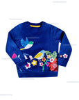 NWOT Mini Boden Appliqué Sweatshirt - Starboard Blue Garden Birds